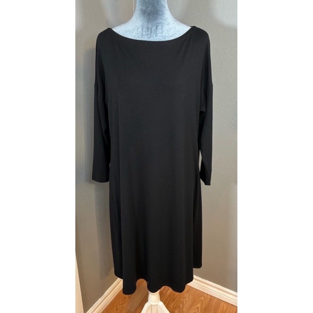Eileen Fisher Twist Back Jersey Dress Black 3X Plus Long Sleeve Pockets Stretch